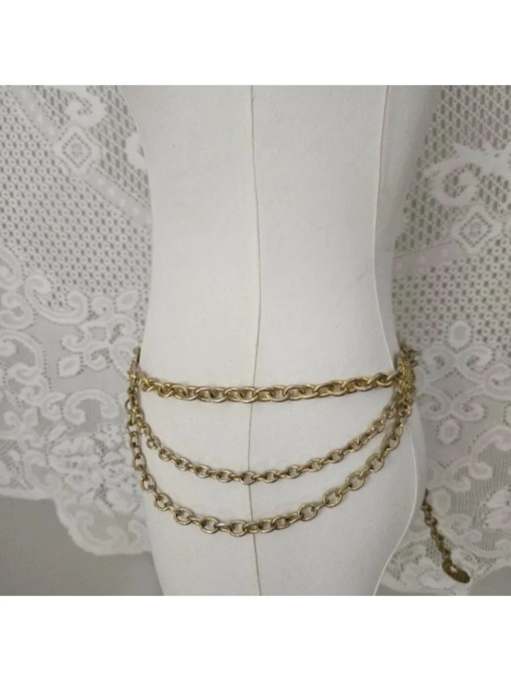 Vintage Gold Tone Chain Belt Ornate Medallion Draped Multi Strand Adjustable